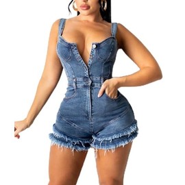 xxxiticat Women's Sleeveless Denim Rompers Front Button Bodycon Layered Tassel Fringe Hem One Piece Jeans Jumpsuit(BE,S)