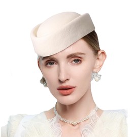 Wool Felt Pill Box Hats for Women Vintage 60s Fascinators Church Hats Cocktail Stewardess Derby Hats with Comb White
