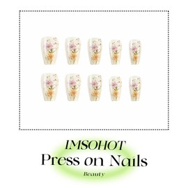 IMSOHOT Spring Press on Nails Long Coffin Fake Nails Flower Glossy Nail Art Kit Glue on Nails with Cute Floral Design Full Cover Ballerina False Nails Gel Stick on Nails for Women DIY Manicure