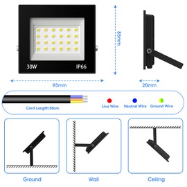 Zelvia 30 W LED Spotlight 6500 K Outdoor Light Cool White Super Bright 3000 LM Outdoor Floodlight IP66 Waterproof Headlight for Garden Garage Hotel