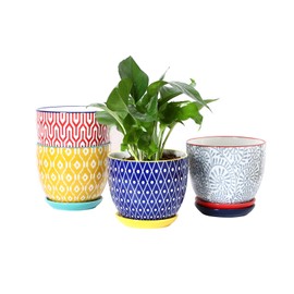 Selamica Ceramic Plant Pots, 5.6 Inch Flower Pots for Indoor Plants, Planters with Drainage Hole and Saucer, Garden Pots for Succulent, Orchid, Home Decor, Set of 4, Assorted Colors