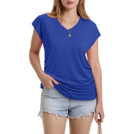WIHOLL Womens Short Sleeve T Shirts V Neck Ruched Tops for Women 2025 Summer Clothes Plain Royal Blue Luxury Women Fashion XL