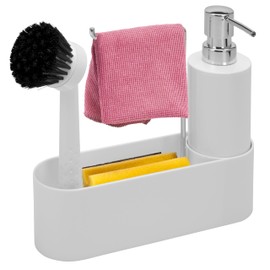 bremermann Sink Organiser for Kitchen and Bathroom, Sink Utensil Holder Including Soap Dispenser, Washing Up Brush with Brush Head and Dish Cloth Holder, with Replacement Brush Head and Pump, White