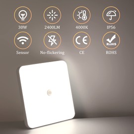 Combuh Ceiling Light with Motion Sensor and Twilight Sensor 30 W IP56 2400 LM Waterproof LED Ceiling Light for Bathroom, Office, Porch, Garage, Balcony 25 x 25 x 4 cm