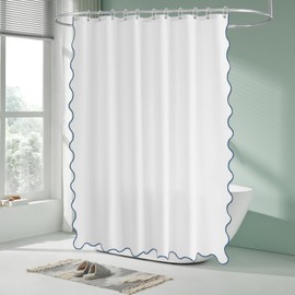 TheBlackSpot White Boho Shower Curtain with Blue Scalloped Border Chic Theme Fabric Bathroom Decor with Hooks Waterproof Washable 72 x 72 inches