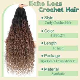 YYQXZG Boho Faux Locs Crochet Hair Goddess Locs Crochet Hair 16 Inch Pre-Looped Boho Soft Locs Crochet Hair with Curly Ends for Black Women (1B/30/27, 16 Inches), Pack of 8