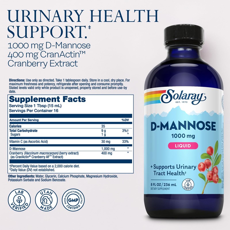 SOLARAY D-Mannose 1000 mg Liquid Formula with CranActin Cranberry Extract