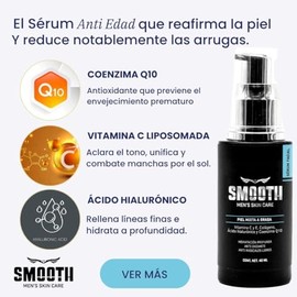 SMOOTH Sérum Anti Arrugas Hombres | Coenzima Q10, Elastina y Vitamina C | Antioxidante, Hidratante, Reduce líneas de Expresión, Disminuye Arrugas y Retrasa Envejecimiento Prematuro | 40 ml Uso Día y Noche