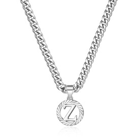 KissYan Gold Initial Necklace,14K Gold Plated Round Letter Pendant Hollow Capital Monogram 5mm Cuban Chain Necklace Alhpabets from A-Z Dainty Jewelry for Women Men Girls(Silver Z), Stainless Steel, No Gemstone