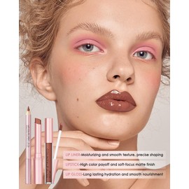 3 in 1 Brown Lipstick&Lip Gloss&Lip Liner Combo for Women,Matte High Shine Waterproof Longlasting Lipstick,Hydration Non-Sticky Plumping Lipgloss Smooth Not Fade Lipliner,Vegan Formula Lip Makeup Set4