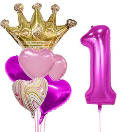 Gold Crown Theme 1st Birthday Boy Girl Decoration Supplies Foil Balloons Set, Rose Red Happy 1 Birthday Rose Red Number 1 Mylar balloons Banner Baby 1st Birthday Party Wedding Baby Shower Anniversary