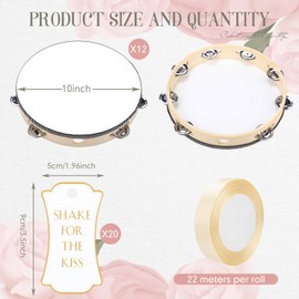 Lukmaa 12 Set 10 Inch Tambourine for Adults Tambourines Bulk Wooden Hand Held Drum with Metal Jingles, Gift Tags, Beige Ribbon Percussion Gift Musical Instrument for Church Wedding Party Favor
