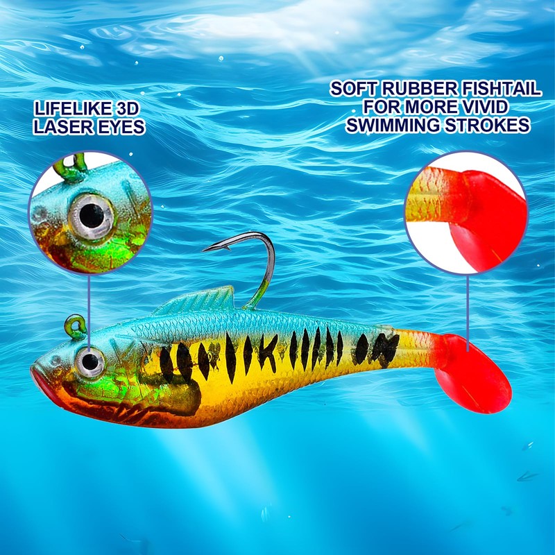 pclapora 5 Stück Gummifische Angelköder, Gummifische mit Jigkopf, Kunstköder Angelköder