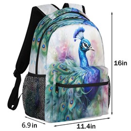 GzLeyigou Daypack Peacock Backpack Computer Laptop Backpacks, Watercolor Peacock Large Capacity Book Bags with Adjustable Shoulder Strap, Travel Hiking Camping Casual Daypack for Adult Women Men