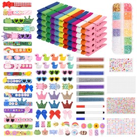 60 Set Cheer Pins Spirit Clips Wooden Clothes Pins Include Mini Resin Ducks Mini Ribbon Bows Colored Letter Beads Mixed Resin Charms Gem Stickers Pen Decorations for Backpacks Team Gifts(Colorful)