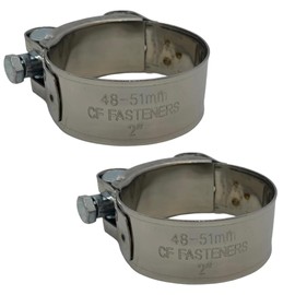 CF FASTENERS Exhaust & Hose Clamps (X2), 2 Inch (48-51mm), Slim-Line Strong Anti-Rust, Stainless Steel, Heavy Duty, Adjustable, Smooth Edge Hose clamp for Downpipe, Muffler, Intercooler, Intake.