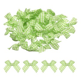 MECCANIXITY 50Pcs Mini Gingham Ribbon Bow Checkered Fabric Satin Ribbon Flower Bows for Craft DIY Sewing Wedding Birthday Party Light Green and White