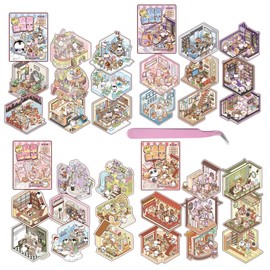 32 Sets Girls 3D Miniature Scene Stickers DIY 3D House Stickers Kit Make Your Own Miniature Room Cute Mini Small Size Cartoon Sticker Scenes for Adult Kids Relief Stress Pass The Time