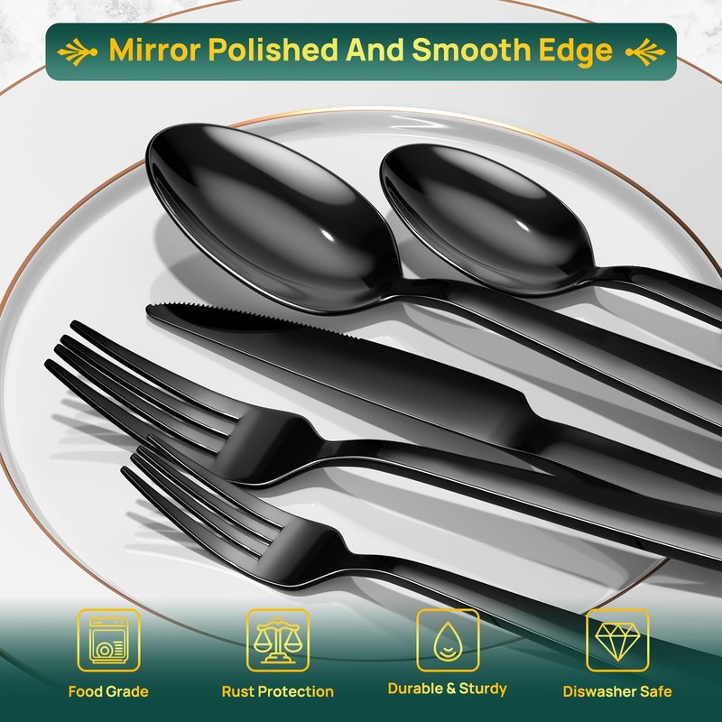60 Pieces Black Silverware Set, Premium Stainless Steel Flatware Set