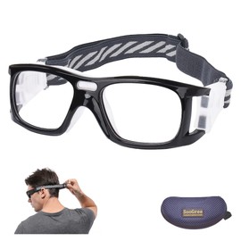SooGree Gafas deportivas – Gafas protectoras para baloncesto, fútbol, fútbol, deportes, gafas de seguridad para los ojos, montura de policarbonato extraíble con correa ajustable (8021 marco negro brillante, almohadilla blanca)