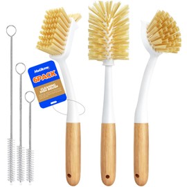 Holikme 6 Pack Dish Brush Set with Bottle Brush, Dish Scrub Brush, Pan Brush and 3 Straw Brushes, Deep Cleaning Handle Brush with Scraper Tip for Kitchen Sink Dishes Bottle Cup Pot and Pans (Yellow)