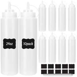 DHSBTLS 24 oz Plastic Squeeze Bottles, 10 Pack Clear Condiment Squeeze Bottles with Tethered Caps, Ketchup Bottles for Sauces, Perfect for Condiments, Oil, Icing, Liquids, with 10 Stickers and 1 Pen