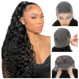 360 Lace Front Wigs Human Hair Deep Wave Full Lace Human Hair Wigs Upgraded 360 Drawstring Wig Human Hair Pre Plucked Hidden Strap 360 HD Full Lace Wigs For Black Women（18 Inch）