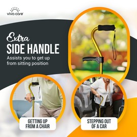 VIVA CARE Walking Cane with 4 Prongs and Extra Side Handle – Adjustable, for Balance & Stability for Adults, Seniors, and Injured. [Gold]