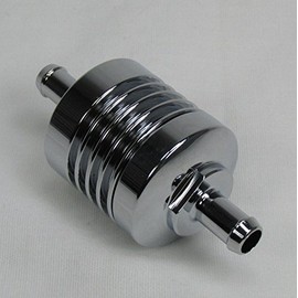Chrome Billet Aluminum Hi-Flow Fuel Filter for Use with 5/16" ID Fuel Hose Line - Removable Mesh Screen - Motorcycle Harley Chopper Bobber Cafe Racer