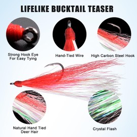 Fishing Bucktail Teaser Hooks, 5pcs Saltwater Fishing Jigs Teaser Lures High Carbon Steel Hooks with Crystal Flash Feather Skirt