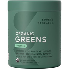 Sports Research® Organic Greens Superfood Powder w/Spirulina & Chlorella, Adaptogens, Enzymes, Probiotics & 8 VIT Bs for Gut & Mood Support* - Vegan, Sugar-Free & Low-Cal Original 30 Servings