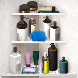 iReef way Corner Shower Shelf for Inside Shower - Adhesive/Stick/Drill/No Drill - Floating Strong 16" White Corner Shower Shelves for Bathroom, Tiled Wall, Caddy Organizer, Kitchen, Shower