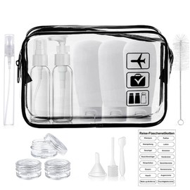 MORICOH Transparenter Kulturbeutel mit Reiseflaschenset,15 Stück Reiseflaschen Set(100ml) und 1 Stück Plastikbeutel für Flüssigkeiten zugelassen (20x20cm),Flughafen-konforme Tasche,Reise Gadgets