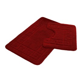 Lions 2 Piece Non Slip Striped Bath Mat & Pedestal Set - Greek Key Pattern Bathroom Toilet Rugs, Microfibre Mats, Super Soft Bathmat (Red, Normal)