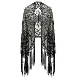 Metme Women's 1920s Scarf Wraps Sequin Deco Fringed Wedding Cape Evening Shawl Vintage Prom (Black Gold)