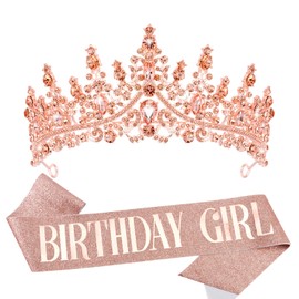 VELSCRUN Birthday Tiara Crowns for Women Girls Rose Gold Crystal Birthday Girl Headband Sash Elegant Princess Crown Happy Birthday Party Decorations Women Sisters Birthday Gift Hair Accessories