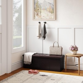 Giantex 43 Inches Folding Storage Ottoman Bench, Upholstered PU Leather Storage Chest with Side Pocket, Padded Seat, End of Bed Bench, Collapsible Ottoman Foot Rest for Living Room, Bedroom & Entryway