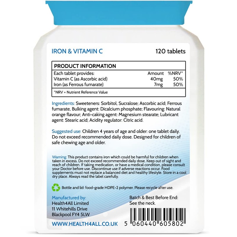 Health4All Kids Iron Chewable 120 Tablets Learning and Growth Support.