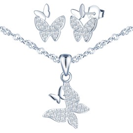 CPSLOVE Fashion Women's Butterfly Chain Pendant Earrings 925 Silver Jewellery Sets Creative Girls Double Butterfly Zircon Necklace Stud Earrings, Sterling Silver, Zircon gemstone.