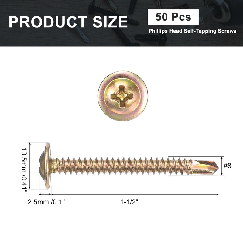 sourcing map 50Pcs #8x1-1/2" Phillips Head Self Tapping Screws, Carbon
