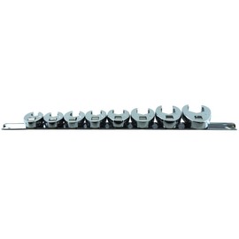 K tool International 22300 SAE Crowfoot Flare Nut Wrench Set with 3/8" Drive for Garages, Repair Shops and DIY, Heat-treated, 3/8" to 7/8", Chrome, Socket Rail, Use on Hydraulic Line Fittings, 8 Piece