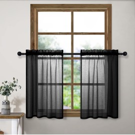 Juego de cortinas de 24 pulgadas para ventanas pequeñas, con bolsillo para barra, aspecto de lino semitransparente, cortinas modernas de encaje negro, cortinas cortas para ventana de baño, puerta delantera, no se transparentan, mini cortinas de 24 pulgad