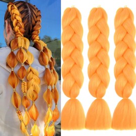 Jooceebaby Synthetic Hair for Braiding, Easy Braid, Pre-Stretched Braids Extensions, Orange Hair Extensions, 24 Inches, 3 Packs Hair for Braiding, Braids Braid Extensions