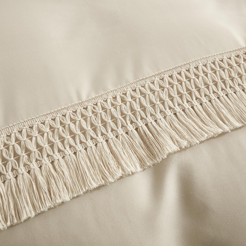 WONGS BEDDING Beige Duvet Cover Set King Bohemian Tassle Bedding