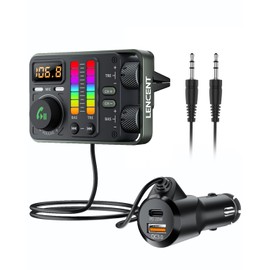 LENCENT Transmisor FM Bluetooth 5.3 para Carro, Adaptador Bluetooth para Coche, Reproductor de Música Hi-Fi Treble&Bass, Cargador Rápido para Auto con PD 20W&QC18W, Soporta 3.5 mm AUX&Memoria USB