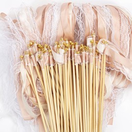 Pack of 50 Wedding Wands, Wedding Wands Seating Plan Wedding Streamers with Large Bells and Wedding Ribbons, Magic Wands Silk Fairy Rod for Weddings, Birthdays, Holiday Parties (Champagne)