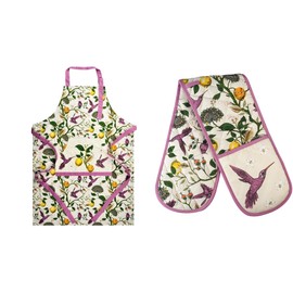 SiXsigma Sports Unisex Chefs Apron & Double Oven Gloves Set Kitchen Cooks Restaurant Bistro BBQ POCKETS 100% Cotton Adult Men’s & Womens Novelty (Hummingbirds Apron and Double Oven Gloves Set)