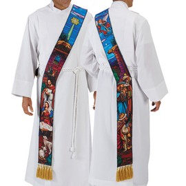 Stained Glass Christmas Nativity Deacon Stole, 110 Inch Beige
