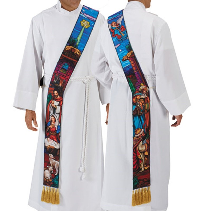 Stained Glass Christmas Nativity Deacon Stole, 110 Inch Beige
