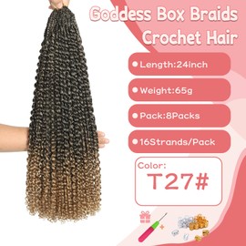 Goddess Box Braids Crochet Hair 8 Packs with Curly Ends Pre Looped Boho Water Wave Crochet Hair Deep Wavy Ends Gogo Curl Crochet Hair with Jerry Curly Extensions for Black Women (T27#, 24inch)